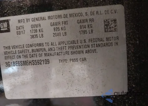 2017 Chevrolet Cruze Lt z USA, uszkodzony, nr VIN 3G1BE6SM6HS592109